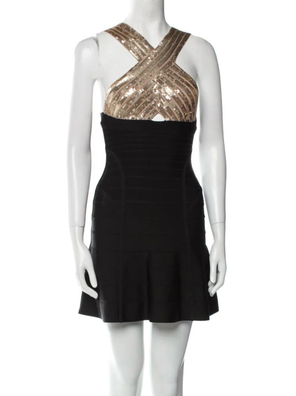 Herve Leger Black and Gold Asymmetrical Sequin Fit & Flare Dress